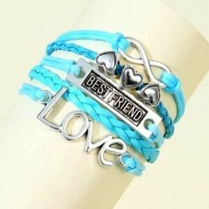 INFINITY LOVE HEART BEST FRIEND LEATHER LAYERED BRACELET IN BLUE AND SILVER